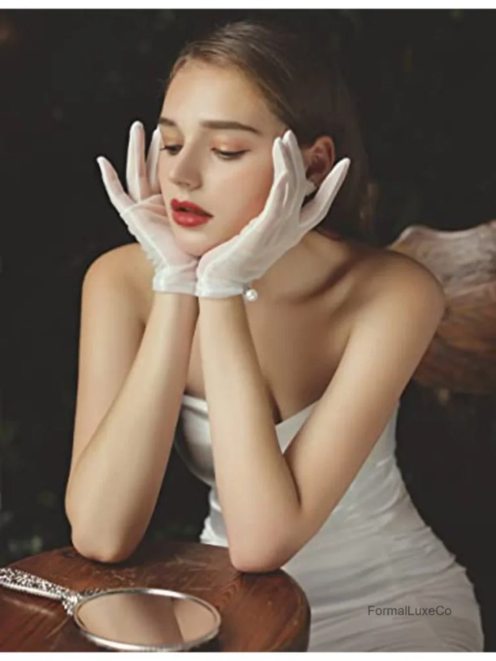 Short Satin Gloves for Wedding Evening Party Dressy Lace Tulle Gloves